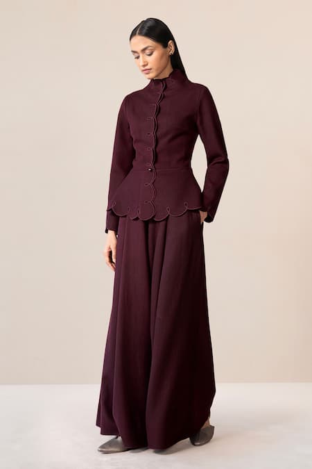 Buy Ampm Burgundy Wool Cut Work High Neck Medha Scallop Hem Peplum Jacket With Palazzo Buy_Ampm_Burgundy Wool Cut Work High Neck Medha Scallop Hem Peplum Jacket With Palazzo