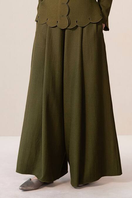 Ampm Green Wool Cut Work Collared Medha Scallop Hem Jacket With Palazzo Online at Aza Fashions Ampm_Green Wool Cut Work Collared Medha Scallop Hem Jacket With Palazzo _Online_at_Aza_Fashions