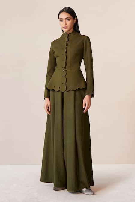 Buy Ampm Green Wool Cut Work Collared Medha Scallop Hem Jacket With Palazzo Online at Aza Fashions Buy_Ampm_Green Wool Cut Work Collared Medha Scallop Hem Jacket With Palazzo _Online_at_Aza_Fashions