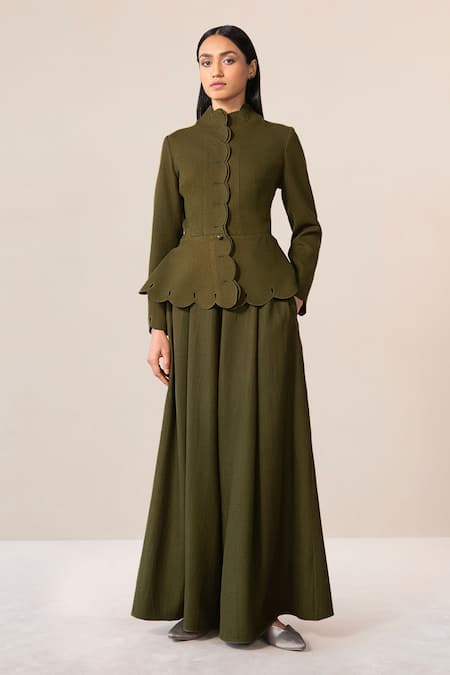 Shop Ampm Green Wool Cut Work Collared Medha Scallop Hem Jacket With Palazzo Online at Aza Fashions Shop_Ampm_Green Wool Cut Work Collared Medha Scallop Hem Jacket With Palazzo _Online_at_Aza_Fashions