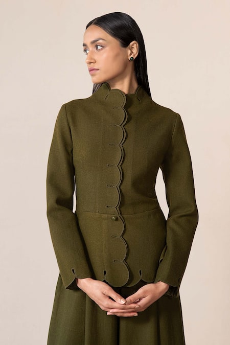 Ampm Green Wool Cut Work Collared Medha Scallop Hem Jacket With Palazzo at Aza Fashions Ampm_Green Wool Cut Work Collared Medha Scallop Hem Jacket With Palazzo _at_Aza_Fashions