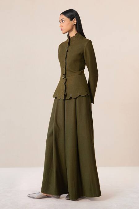 Buy Ampm Green Wool Cut Work Collared Medha Scallop Hem Jacket With Palazzo Buy_Ampm_Green Wool Cut Work Collared Medha Scallop Hem Jacket With Palazzo