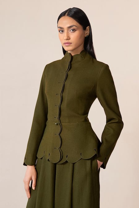 Shop Ampm Green Wool Cut Work Collared Medha Scallop Hem Jacket With Palazzo Shop_Ampm_Green Wool Cut Work Collared Medha Scallop Hem Jacket With Palazzo