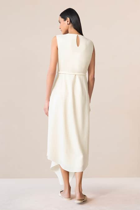 Shop Ampm Ivory Wool Embroidery, Cut Work Round Neck Seba Asymmetric Dress With Jacket at Aza Fashions Shop_Ampm_Ivory Wool Embroidery, Cut Work Round Neck Seba Asymmetric Dress With Jacket _at_Aza_Fashions
