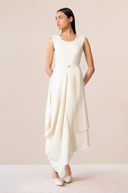 Ampm Ivory Wool Embroidery, Cut Work Round Neck Seba Asymmetric Dress With Jacket at Aza Fashions Ampm_Ivory Wool Embroidery, Cut Work Round Neck Seba Asymmetric Dress With Jacket _at_Aza_Fashions