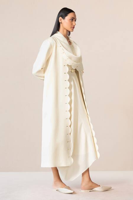 Buy Ampm Ivory Wool Embroidery, Cut Work Round Neck Seba Asymmetric Dress With Jacket Buy_Ampm_Ivory Wool Embroidery, Cut Work Round Neck Seba Asymmetric Dress With Jacket