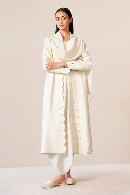 Shop Ampm Ivory Wool Embroidery, Cut Work Round Neck Seba Asymmetric Dress With Jacket Shop_Ampm_Ivory Wool Embroidery, Cut Work Round Neck Seba Asymmetric Dress With Jacket