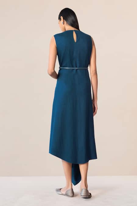 Shop Ampm Blue Wool Embroidery, Cut Work Round Seba Asymmetric Draped Dress With Jacket at Aza Fashions Shop_Ampm_Blue Wool Embroidery, Cut Work Round Seba Asymmetric Draped Dress With Jacket _at_Aza_Fashions