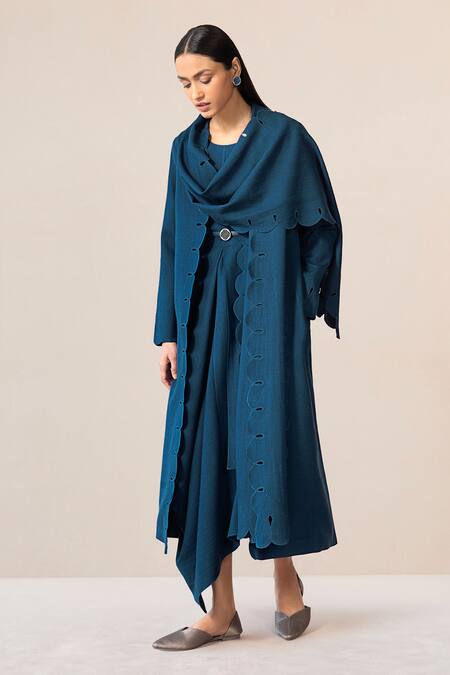 Ampm Blue Wool Embroidery, Cut Work Round Seba Asymmetric Draped Dress With Jacket Online at Aza Fashions Ampm_Blue Wool Embroidery, Cut Work Round Seba Asymmetric Draped Dress With Jacket _Online_at_Aza_Fashions