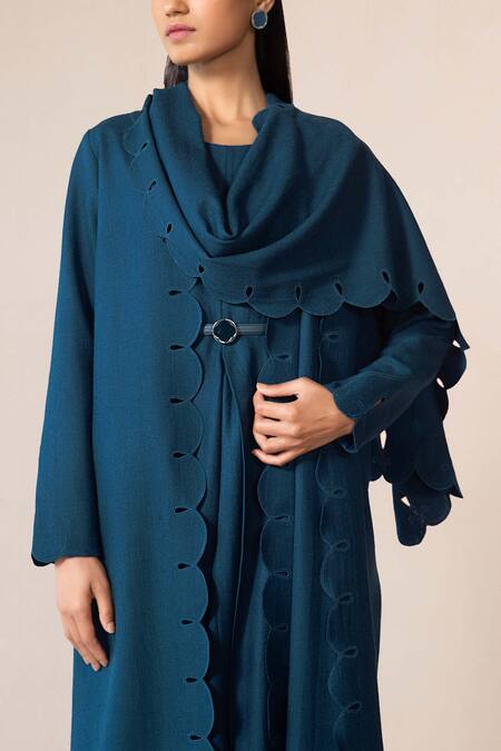 Buy Ampm Blue Wool Embroidery, Cut Work Round Seba Asymmetric Draped Dress With Jacket Online at Aza Fashions Buy_Ampm_Blue Wool Embroidery, Cut Work Round Seba Asymmetric Draped Dress With Jacket _Online_at_Aza_Fashions