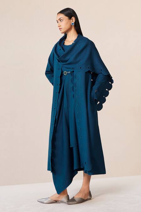 Shop Ampm Blue Wool Embroidery, Cut Work Round Seba Asymmetric Draped Dress With Jacket Online at Aza Fashions Shop_Ampm_Blue Wool Embroidery, Cut Work Round Seba Asymmetric Draped Dress With Jacket _Online_at_Aza_Fashions