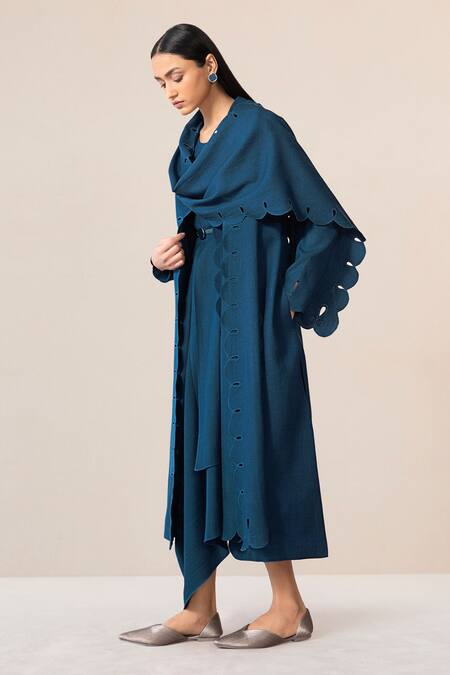 Ampm Blue Wool Embroidery, Cut Work Round Seba Asymmetric Draped Dress With Jacket at Aza Fashions Ampm_Blue Wool Embroidery, Cut Work Round Seba Asymmetric Draped Dress With Jacket _at_Aza_Fashions