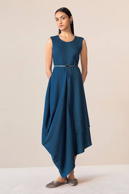 Buy Ampm Blue Wool Embroidery, Cut Work Round Seba Asymmetric Draped Dress With Jacket Buy_Ampm_Blue Wool Embroidery, Cut Work Round Seba Asymmetric Draped Dress With Jacket