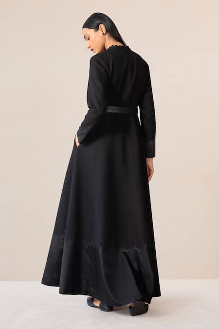 Shop Ampm Black Wool Cut Work Open Neck Veda Scallop Hem Jacket Pant Set at Aza Fashions Shop_Ampm_Black Wool Cut Work Open Neck Veda Scallop Hem Jacket Pant Set _at_Aza_Fashions