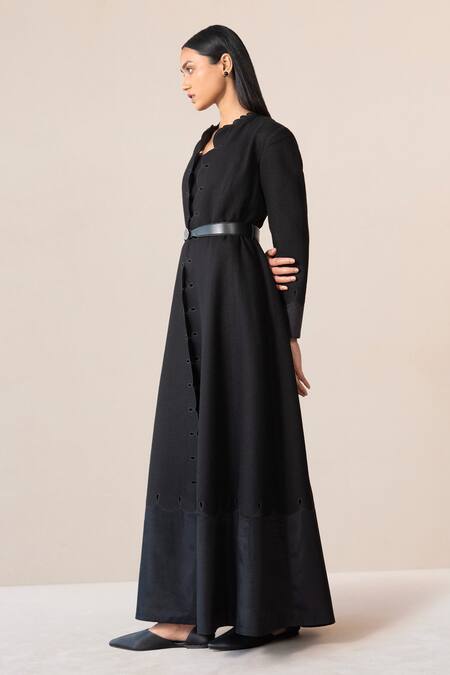 Ampm Black Wool Cut Work Open Neck Veda Scallop Hem Jacket Pant Set Online at Aza Fashions Ampm_Black Wool Cut Work Open Neck Veda Scallop Hem Jacket Pant Set _Online_at_Aza_Fashions