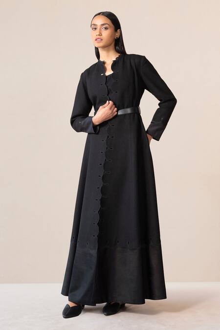 Shop Ampm Black Wool Cut Work Open Neck Veda Scallop Hem Jacket Pant Set Online at Aza Fashions Shop_Ampm_Black Wool Cut Work Open Neck Veda Scallop Hem Jacket Pant Set _Online_at_Aza_Fashions