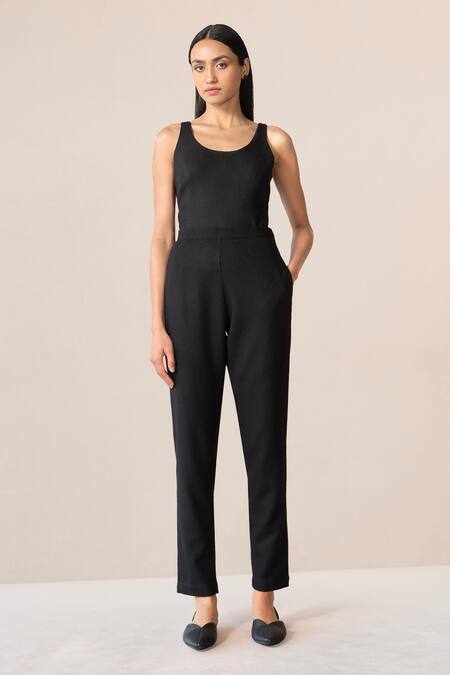 Ampm Black Wool Cut Work Open Neck Veda Scallop Hem Jacket Pant Set at Aza Fashions Ampm_Black Wool Cut Work Open Neck Veda Scallop Hem Jacket Pant Set _at_Aza_Fashions