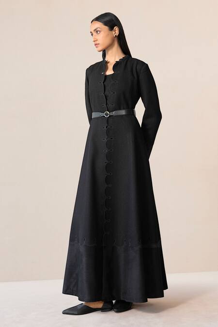 Buy Ampm Black Wool Cut Work Open Neck Veda Scallop Hem Jacket Pant Set Buy_Ampm_Black Wool Cut Work Open Neck Veda Scallop Hem Jacket Pant Set