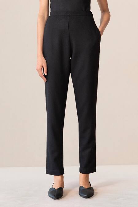 Shop Ampm Black Wool Cut Work Open Neck Veda Scallop Hem Jacket Pant Set Shop_Ampm_Black Wool Cut Work Open Neck Veda Scallop Hem Jacket Pant Set