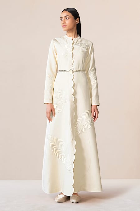 Ampm_Ivory Wool Embroidery High Neck, Mandarin Nahid Scallop Placket With Belt _Online_at_Aza_Fashions