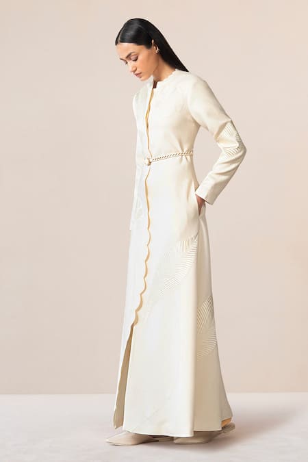 Shop_Ampm_Ivory Wool Embroidery High Neck, Mandarin Nahid Scallop Placket With Belt _Online_at_Aza_Fashions