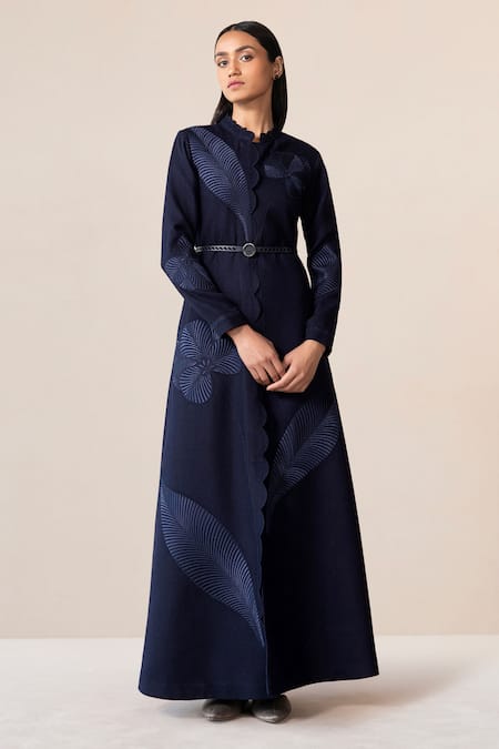 Buy_Ampm_Blue Wool Embroidery Collared, Mandarin Nahid Jacket With Belt _Online_at_Aza_Fashions