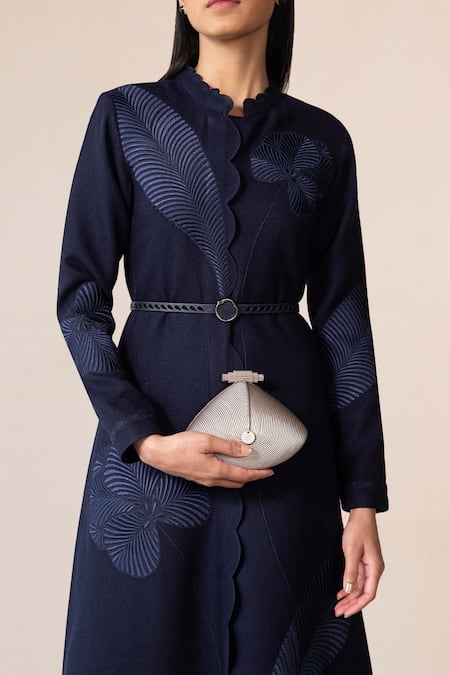 Shop_Ampm_Blue Wool Embroidery Collared, Mandarin Nahid Jacket With Belt _Online_at_Aza_Fashions