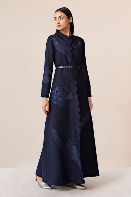 Ampm_Blue Wool Embroidery Collared, Mandarin Nahid Jacket With Belt _at_Aza_Fashions