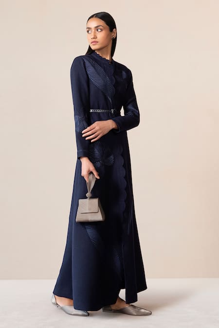 Buy_Ampm_Blue Wool Embroidery Collared, Mandarin Nahid Jacket With Belt 