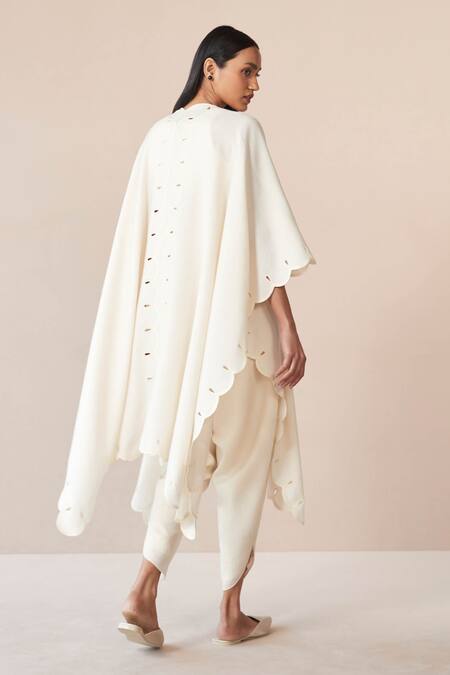 Shop_Ampm_Ivory Wool Embroidered Cut-work Open Alea Scallop Hem Cape _at_Aza_Fashions