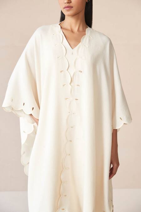 Ampm_Ivory Wool Embroidered Cut-work Open Alea Scallop Hem Cape _Online_at_Aza_Fashions