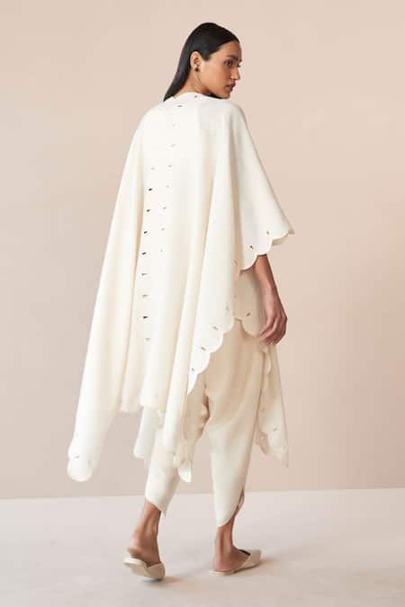 Shop Ampm Ivory Wool Cut Work Alea Scallop Hem Cape With Dhoti Pant Set at Aza Fashions Shop_Ampm_Ivory Wool Cut Work Alea Scallop Hem Cape With Dhoti Pant Set _at_Aza_Fashions