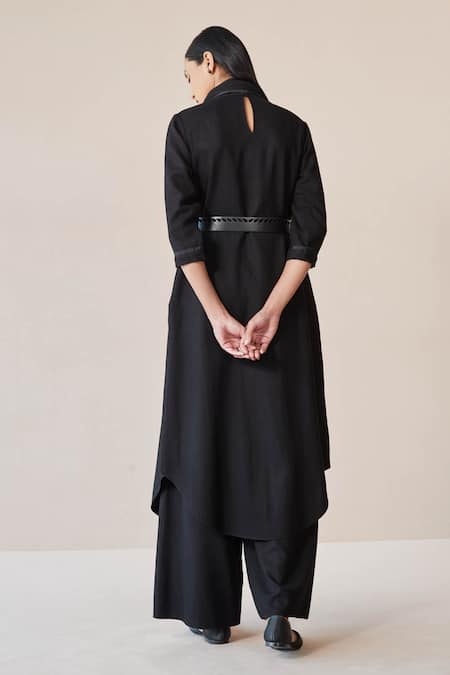 Shop_Ampm_Black Wool High Neck Razan Solid Tunic Palazzo Set _at_Aza_Fashions