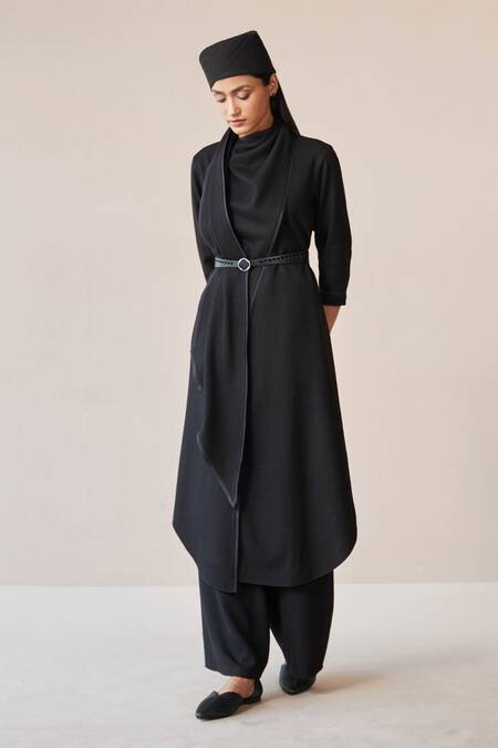 Buy_Ampm_Black Wool High Neck Razan Solid Tunic Palazzo Set _Online_at_Aza_Fashions