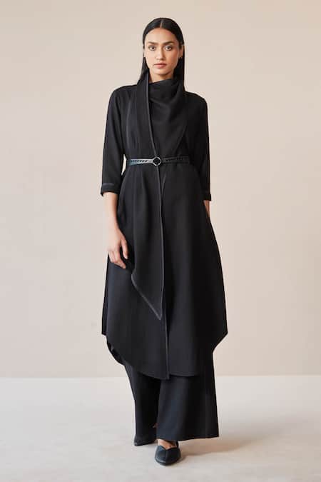 Shop_Ampm_Black Wool High Neck Razan Solid Tunic Palazzo Set _Online_at_Aza_Fashions