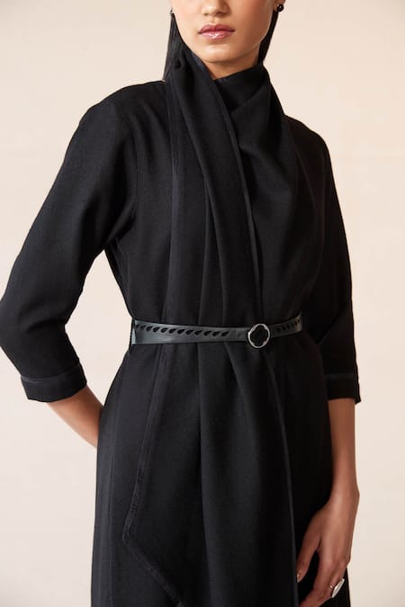 Ampm_Black Wool High Neck Razan Solid Tunic Palazzo Set _at_Aza_Fashions
