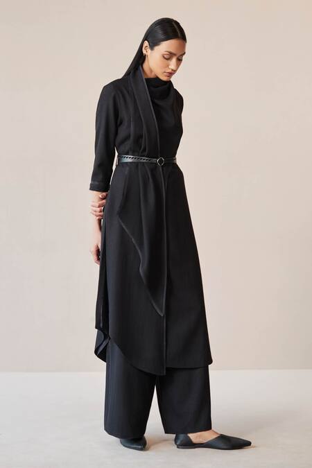 Buy_Ampm_Black Wool High Neck Razan Solid Tunic Palazzo Set 