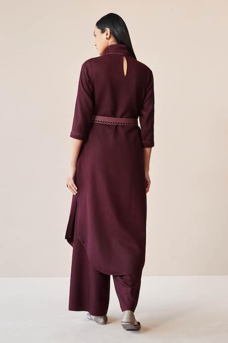Shop_Ampm_Burgundy Wool Buckles High Neck Razan Straight Tunic Palazzo Set _at_Aza_Fashions