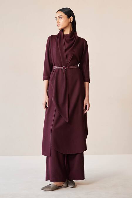 Ampm_Burgundy Wool Buckles High Neck Razan Straight Tunic Palazzo Set _Online_at_Aza_Fashions