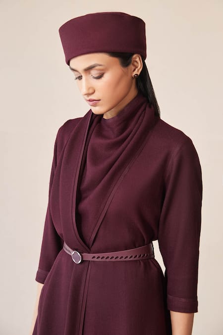 Buy_Ampm_Burgundy Wool Buckles High Neck Razan Straight Tunic Palazzo Set _Online_at_Aza_Fashions