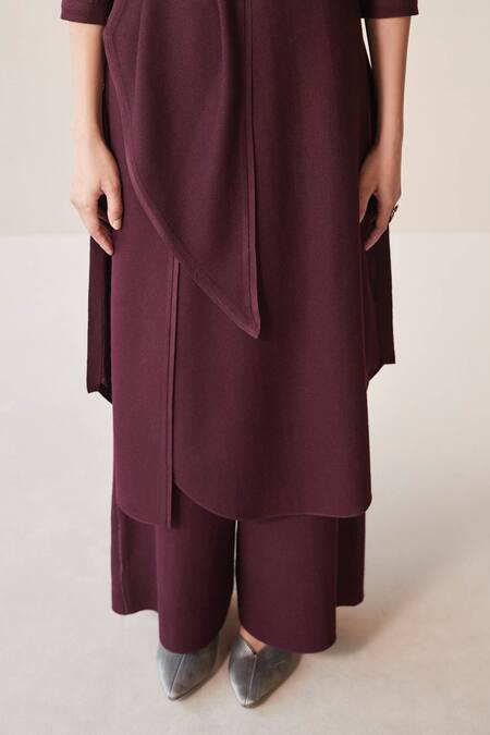 Shop_Ampm_Burgundy Wool Buckles High Neck Razan Straight Tunic Palazzo Set _Online_at_Aza_Fashions