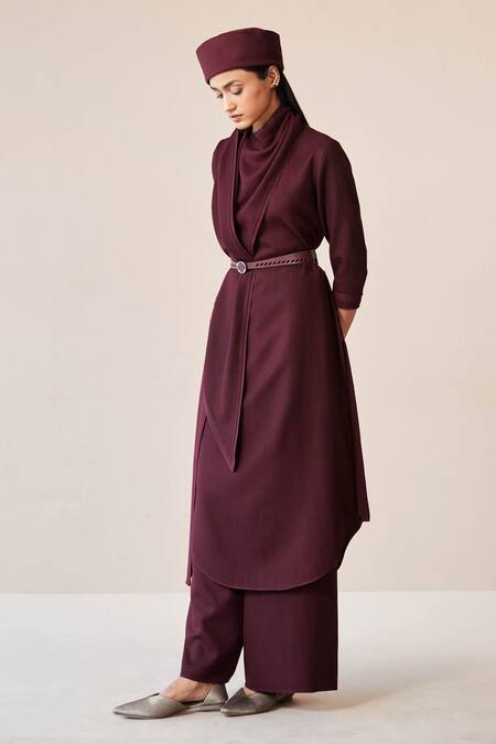 Ampm_Burgundy Wool Buckles High Neck Razan Straight Tunic Palazzo Set _at_Aza_Fashions