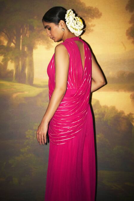 Buy Zwaan Pink Georgette Glitter V-neck Damyanti Cowl Draped Jumpsuit Online at Aza Fashions Buy_Zwaan_Pink Georgette Glitter V-neck Damyanti Cowl Draped Jumpsuit _Online_at_Aza_Fashions