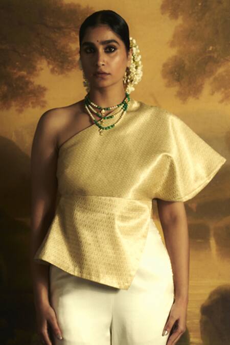 Shop Zwaan Gold Top Brocade Woven Cutdana One Shoulder Neck Hamsa With Pant Online at Aza Fashions Shop_Zwaan_Gold Top Brocade Woven Cutdana One Shoulder Neck Hamsa With Pant _Online_at_Aza_Fashions