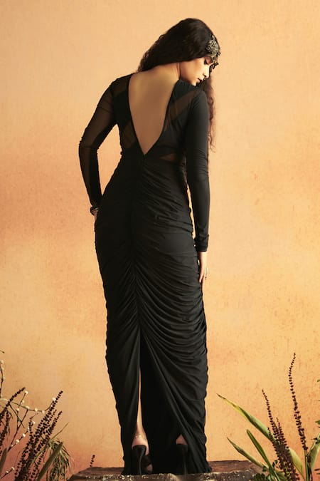 Shop Zwaan Black Jersey, Lycra Sequins Crew Neck Kalki Embellished Cowl Draped Gown at Aza Fashions Shop_Zwaan_Black Jersey, Lycra Sequins Crew Neck Kalki Embellished Cowl Draped Gown _at_Aza_Fashions