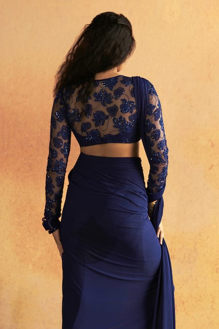 Buy Zwaan Blue Net And Jersey Lining Lycra Embroidery Kaveri Sheer Top With Draped Skirt Online at Aza Fashions Buy_Zwaan_Blue Net And Jersey Lining Lycra Embroidery Kaveri Sheer Top With Draped Skirt _Online_at_Aza_Fashions