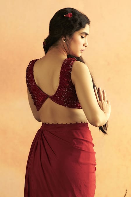 Zwaan_Red Top Lining Satin Draped Skirt Tabby Silk Maya Strand With Cowl _Online_at_Aza_Fashions