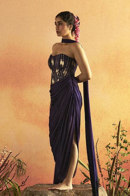 Buy_Zwaan_Purple Chanderi, Silk Embroidery Meera Ornate Vine Pattern Corset Draped Gown _Online_at_Aza_Fashions