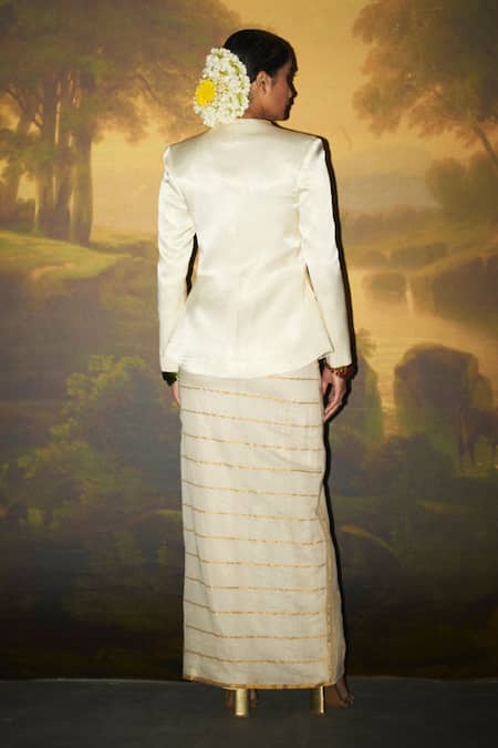 Zwaan Nayar Plunging V Neck Blazer With Glittery Striped Skirt 