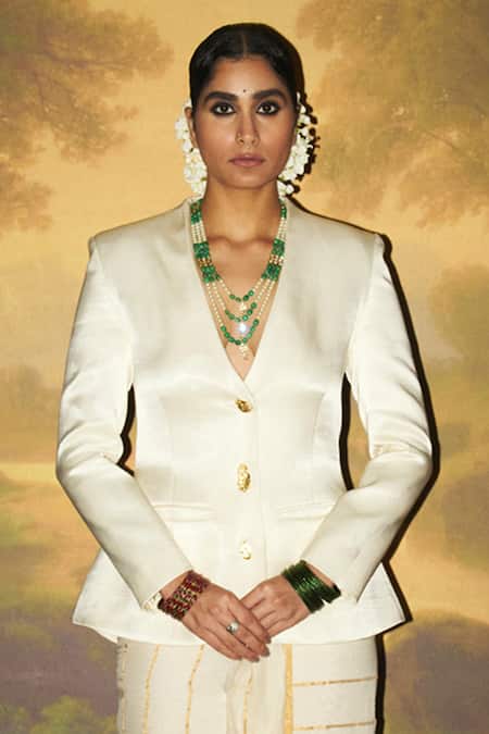 Zwaan_Ivory Maheshwari, Nayar Plunging V Neck Blazer With Glittery Striped Skirt _Online_at_Aza_Fashions